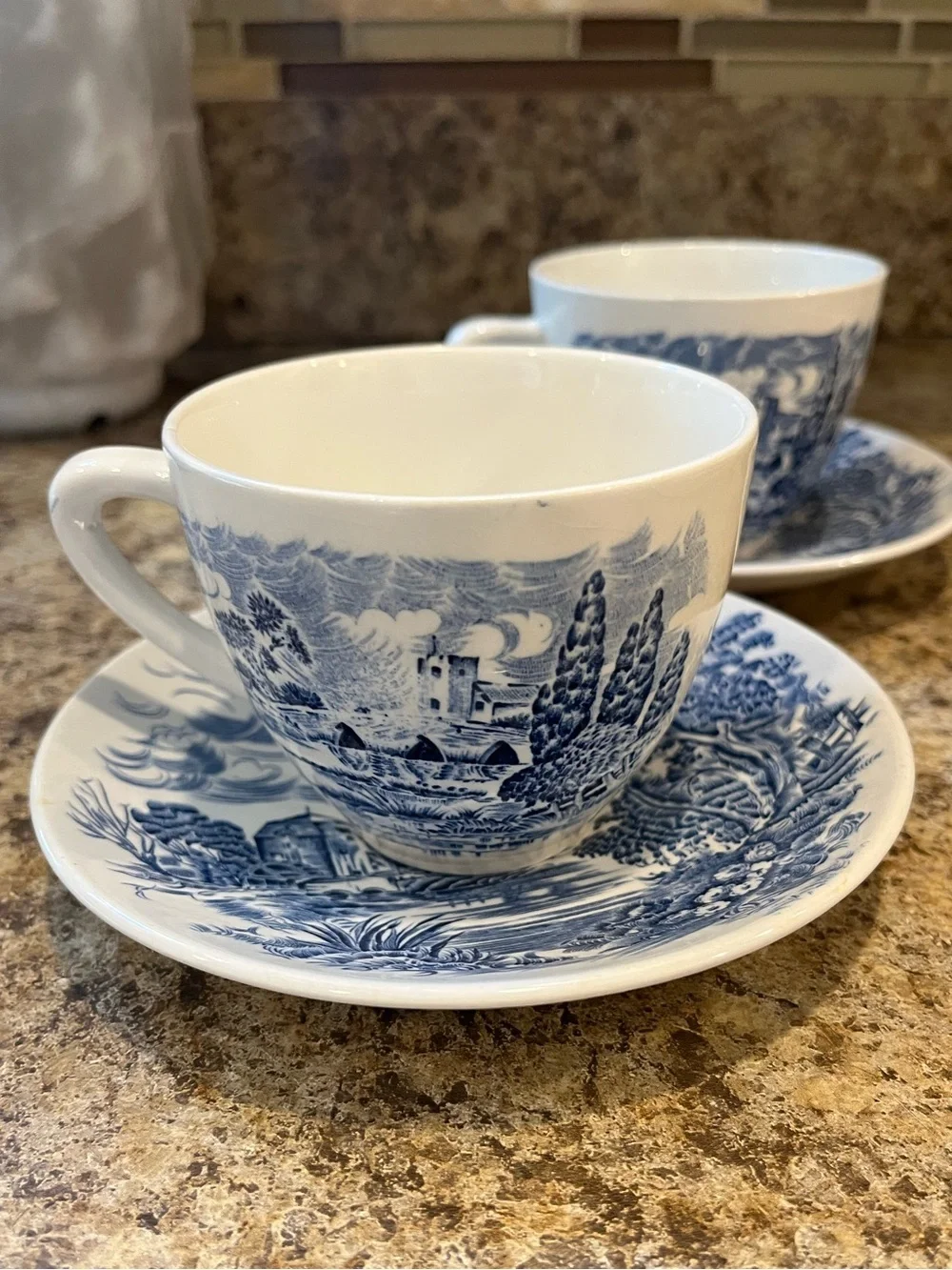 Wedgwood Countryside Teacups and Saucers Set of 2 Blue and White, England
